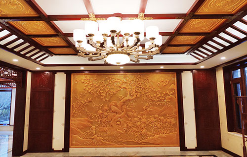 贵港中式别墅客厅中式木作横梁吊顶装饰展示